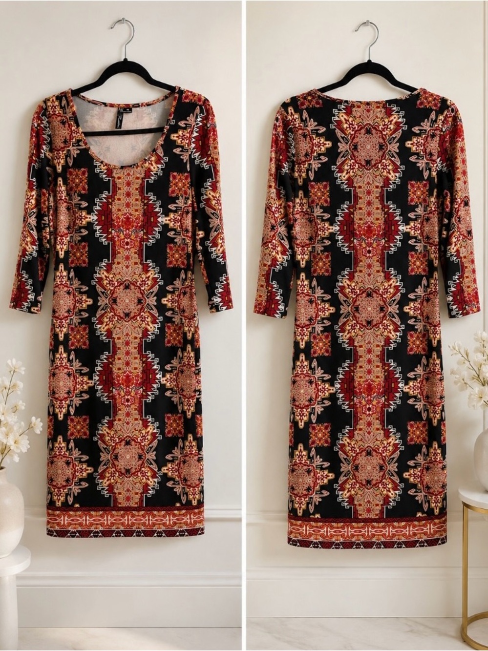Feathers Women’s Size M Boho Print 3/4 Sleeve Bodycon Midi Dress